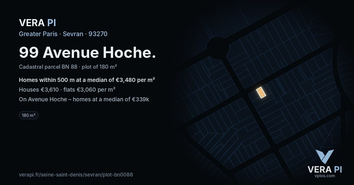 99 Avenue Hoche, Sevran at night – the plot lit, the parcels around coloured by the prices near them