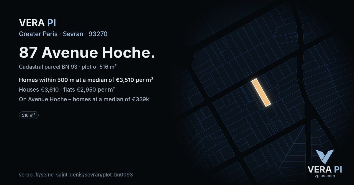 87 Avenue Hoche, Sevran at night – the plot lit, the parcels around coloured by the prices near them