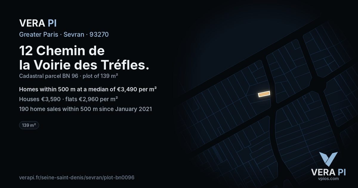 12 Chemin de la Voirie des Tréfles, Sevran at night – the plot lit, the parcels around coloured by the prices near them