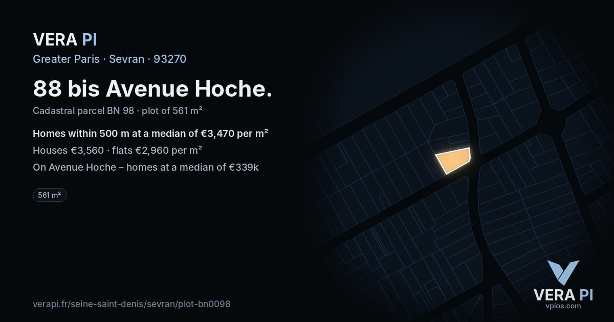 88 bis Avenue Hoche, Sevran at night – the plot lit, the parcels around coloured by the prices near them