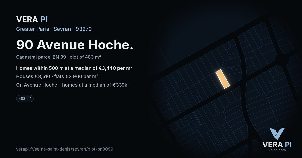 90 Avenue Hoche, Sevran at night – the plot lit, the parcels around coloured by the prices near them