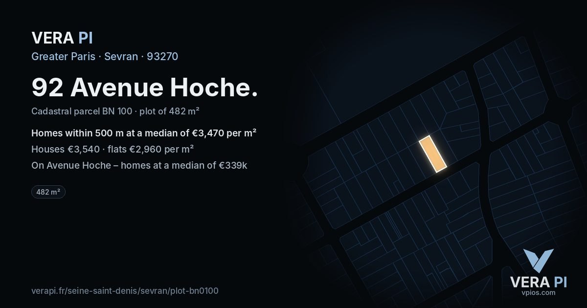 92 Avenue Hoche, Sevran at night – the plot lit, the parcels around coloured by the prices near them