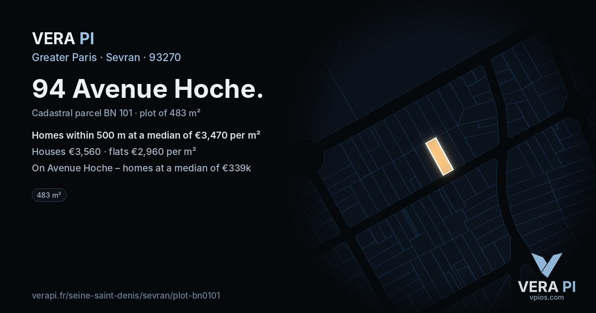 94 Avenue Hoche, Sevran at night – the plot lit, the parcels around coloured by the prices near them