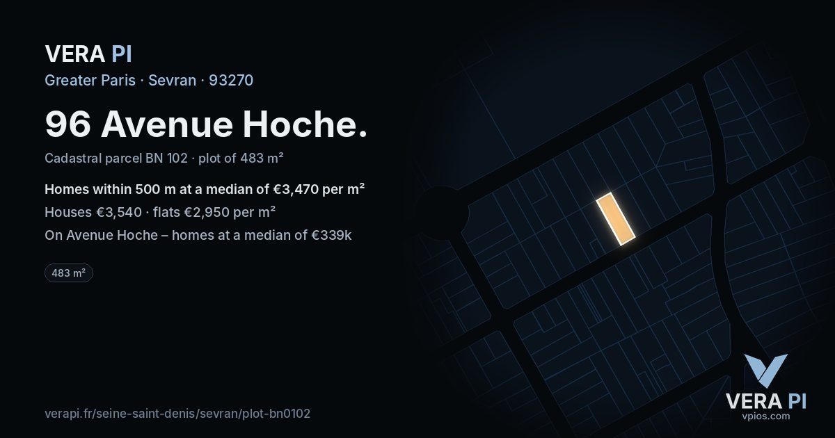 96 Avenue Hoche, Sevran at night – the plot lit, the parcels around coloured by the prices near them