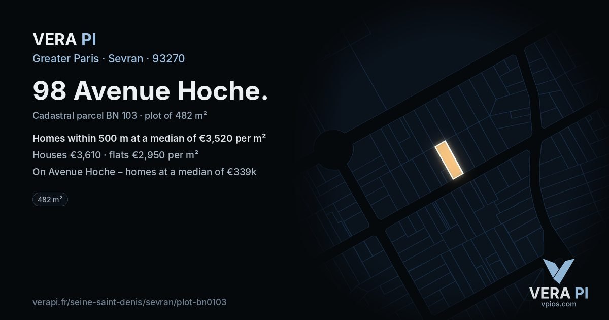 98 Avenue Hoche, Sevran at night – the plot lit, the parcels around coloured by the prices near them
