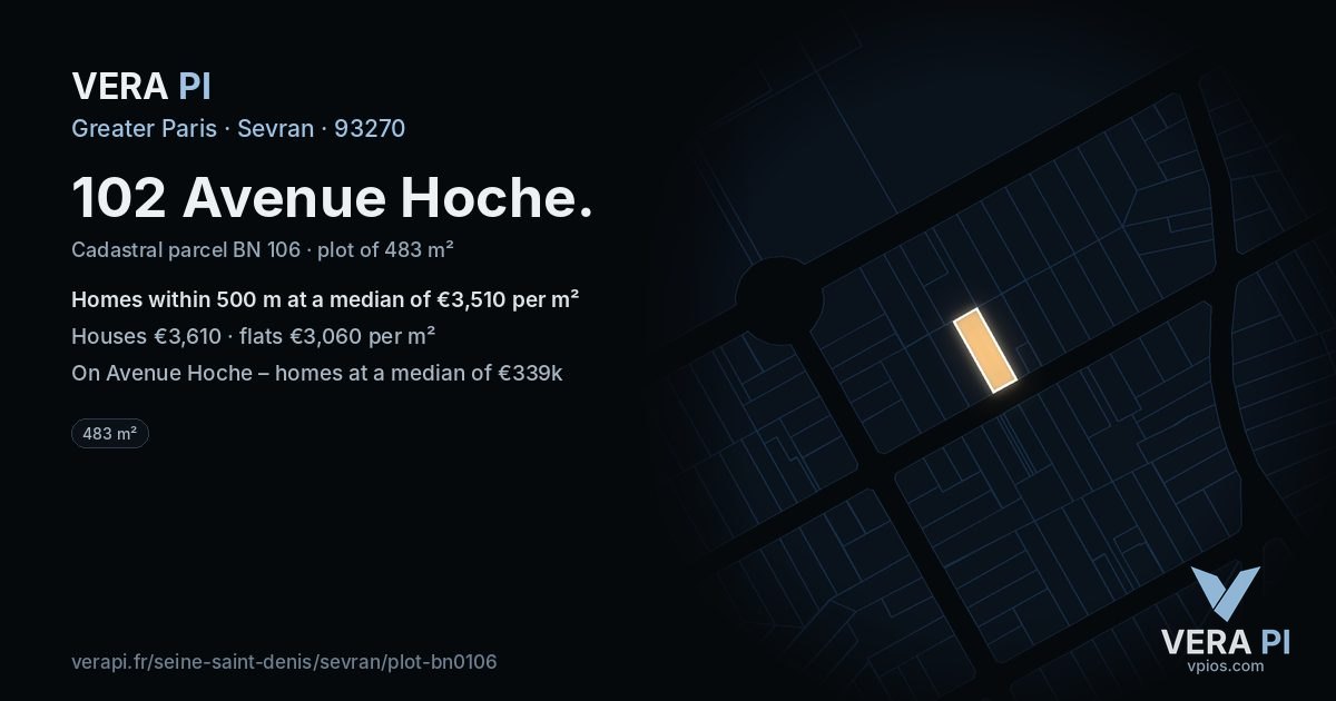 102 Avenue Hoche, Sevran at night – the plot lit, the parcels around coloured by the prices near them