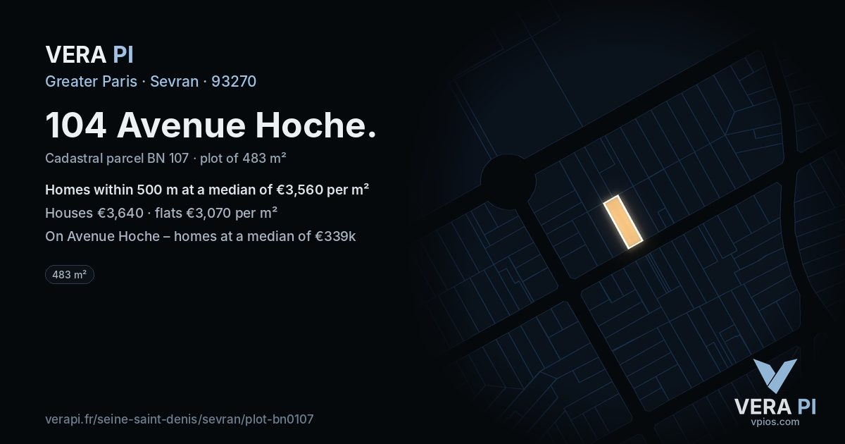 104 Avenue Hoche, Sevran at night – the plot lit, the parcels around coloured by the prices near them
