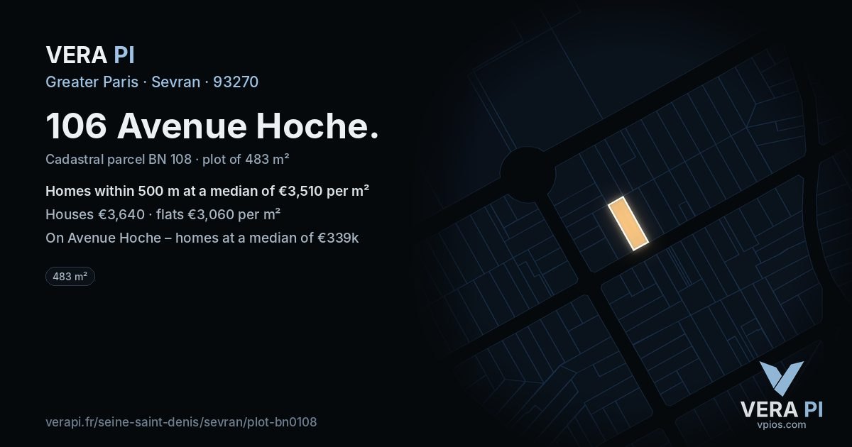 106 Avenue Hoche, Sevran at night – the plot lit, the parcels around coloured by the prices near them
