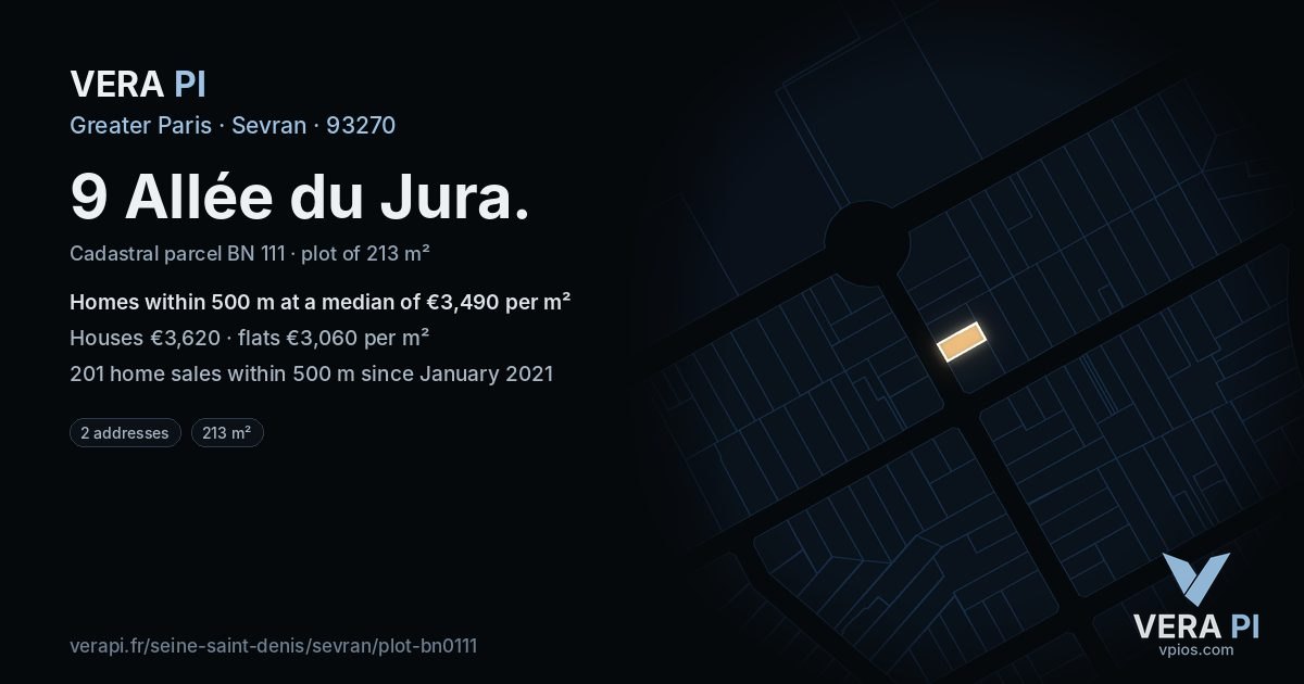 9 Allée du Jura, Sevran at night – the plot lit, the parcels around coloured by the prices near them