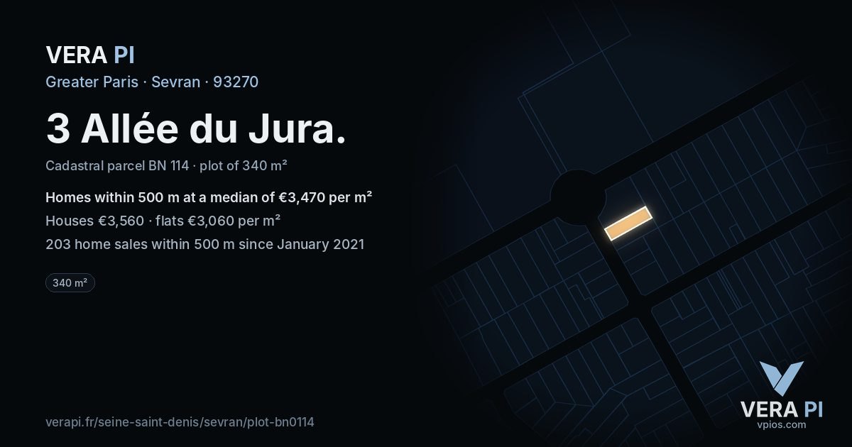 3 Allée du Jura, Sevran at night – the plot lit, the parcels around coloured by the prices near them