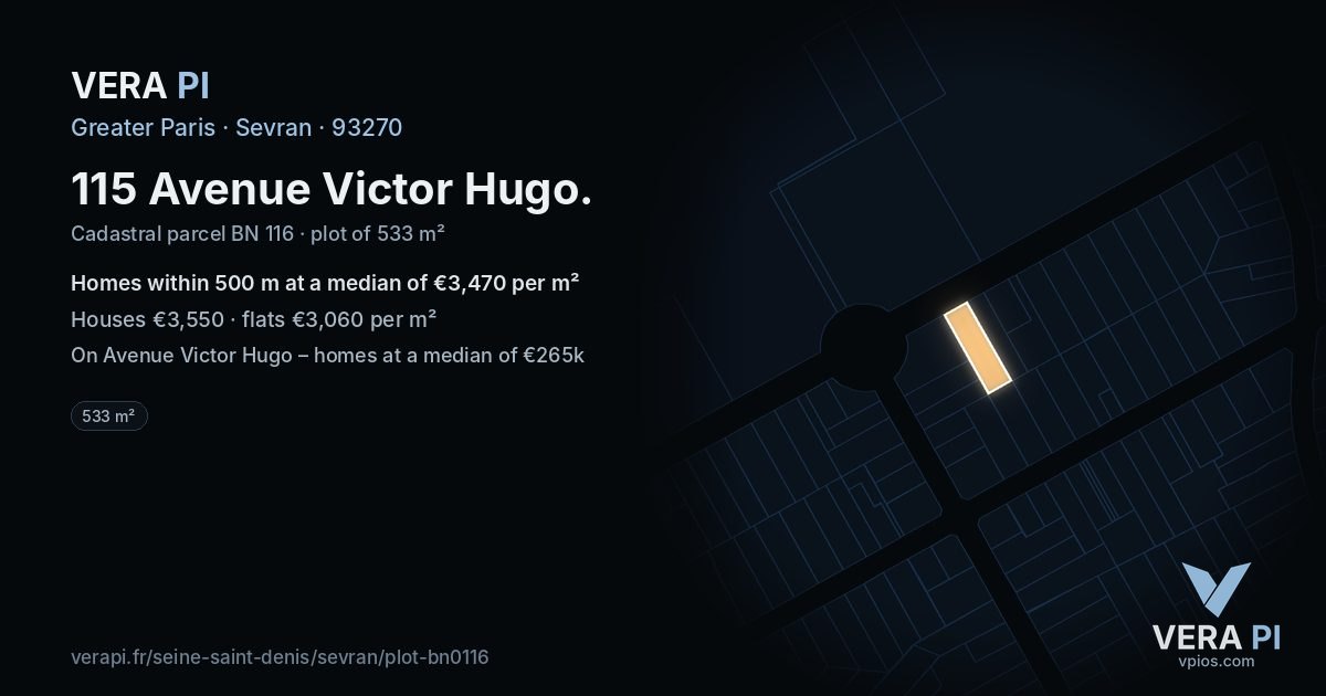 115 Avenue Victor Hugo, Sevran at night – the plot lit, the parcels around coloured by the prices near them