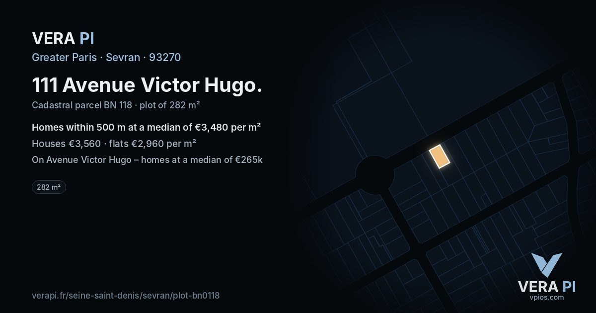 111 Avenue Victor Hugo, Sevran at night – the plot lit, the parcels around coloured by the prices near them
