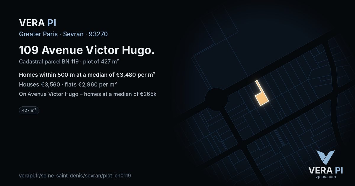 109 Avenue Victor Hugo, Sevran at night – the plot lit, the parcels around coloured by the prices near them
