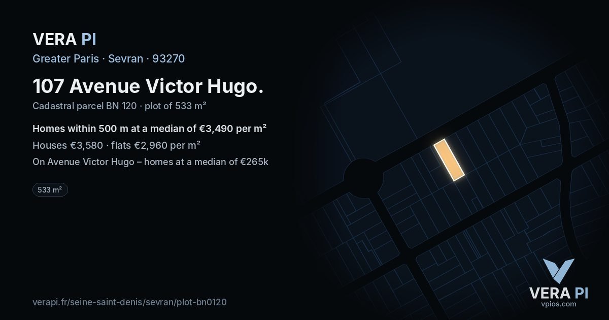 107 Avenue Victor Hugo, Sevran at night – the plot lit, the parcels around coloured by the prices near them