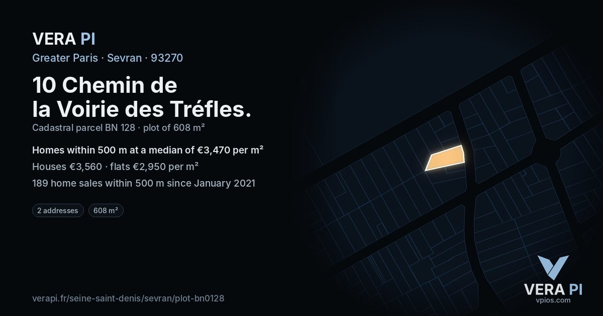 10 Chemin de la Voirie des Tréfles, Sevran at night – the plot lit, the parcels around coloured by the prices near them