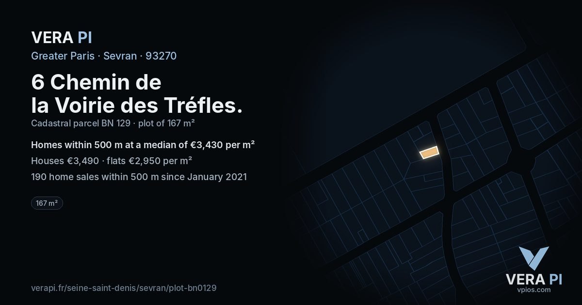 6 Chemin de la Voirie des Tréfles, Sevran at night – the plot lit, the parcels around coloured by the prices near them
