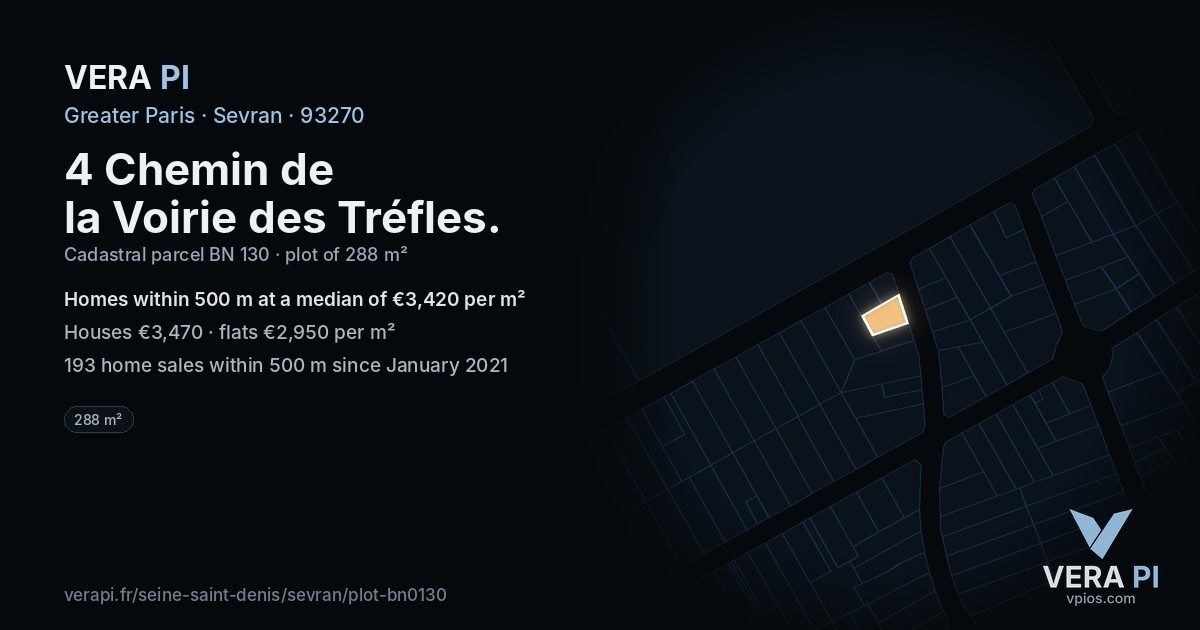 4 Chemin de la Voirie des Tréfles, Sevran at night – the plot lit, the parcels around coloured by the prices near them