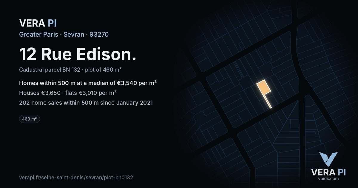 12 Rue Edison, Sevran at night – the plot lit, the parcels around coloured by the prices near them