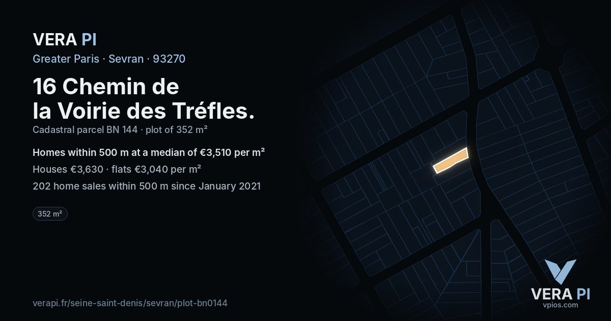 16 Chemin de la Voirie des Tréfles, Sevran at night – the plot lit, the parcels around coloured by the prices near them