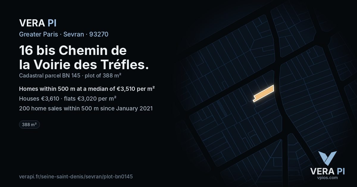 16 bis Chemin de la Voirie des Tréfles, Sevran at night – the plot lit, the parcels around coloured by the prices near them