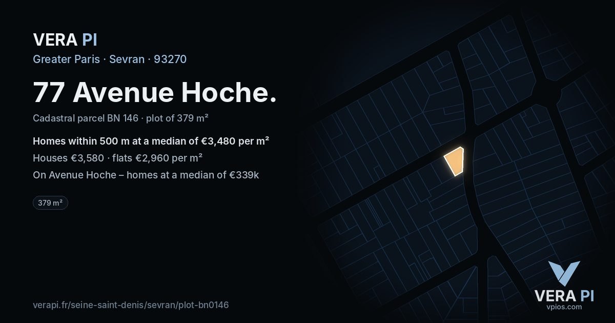 77 Avenue Hoche, Sevran at night – the plot lit, the parcels around coloured by the prices near them