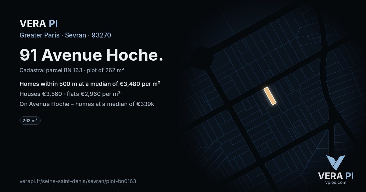 91 Avenue Hoche, Sevran at night – the plot lit, the parcels around coloured by the prices near them