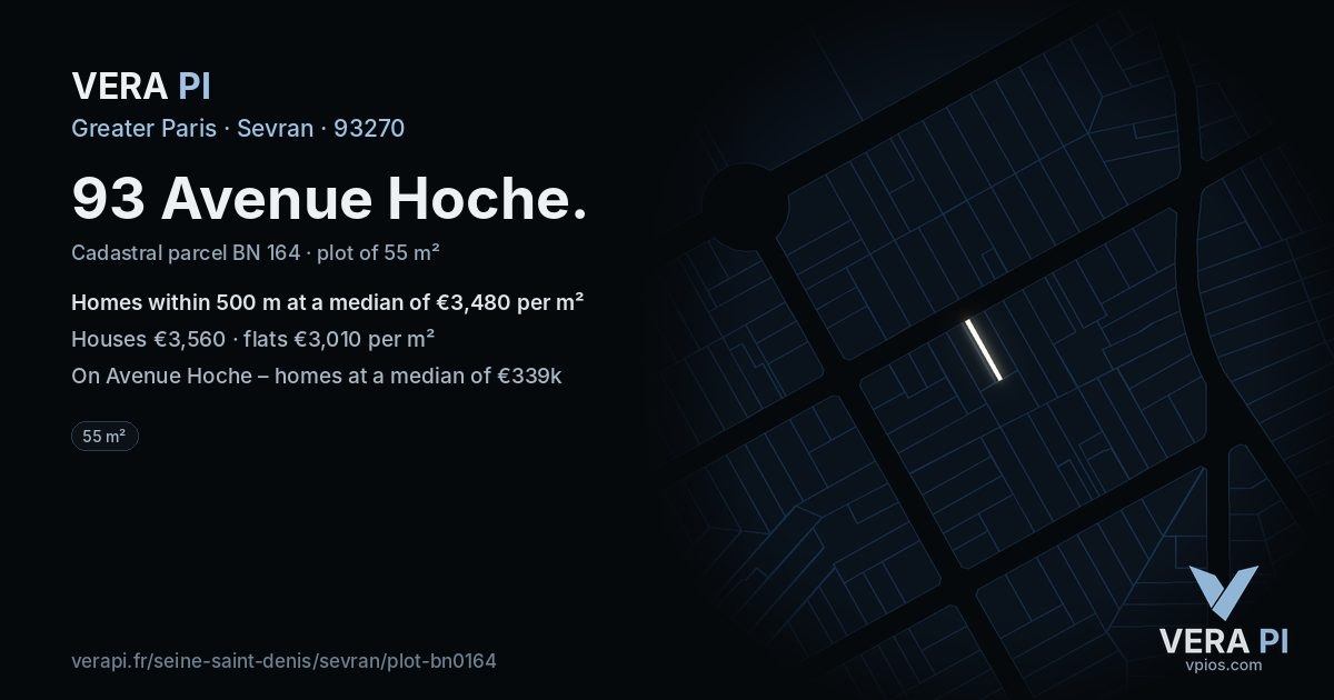93 Avenue Hoche, Sevran at night – the plot lit, the parcels around coloured by the prices near them