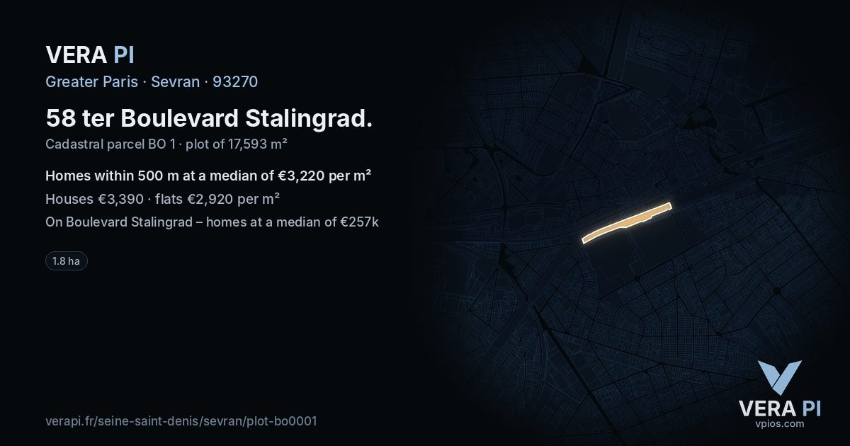 58 ter Boulevard Stalingrad, Sevran at night – the plot lit, the parcels around coloured by the prices near them