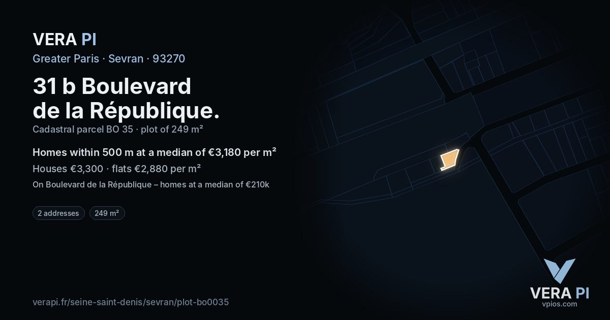 31 b Boulevard de la République, Sevran at night – the plot lit, the parcels around coloured by the prices near them