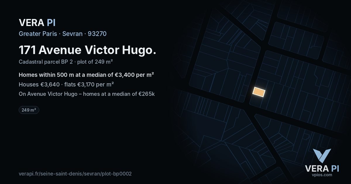 171 Avenue Victor Hugo, Sevran at night – the plot lit, the parcels around coloured by the prices near them