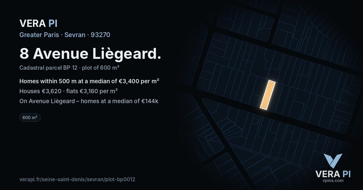 8 Avenue Liègeard, Sevran at night – the plot lit, the parcels around coloured by the prices near them