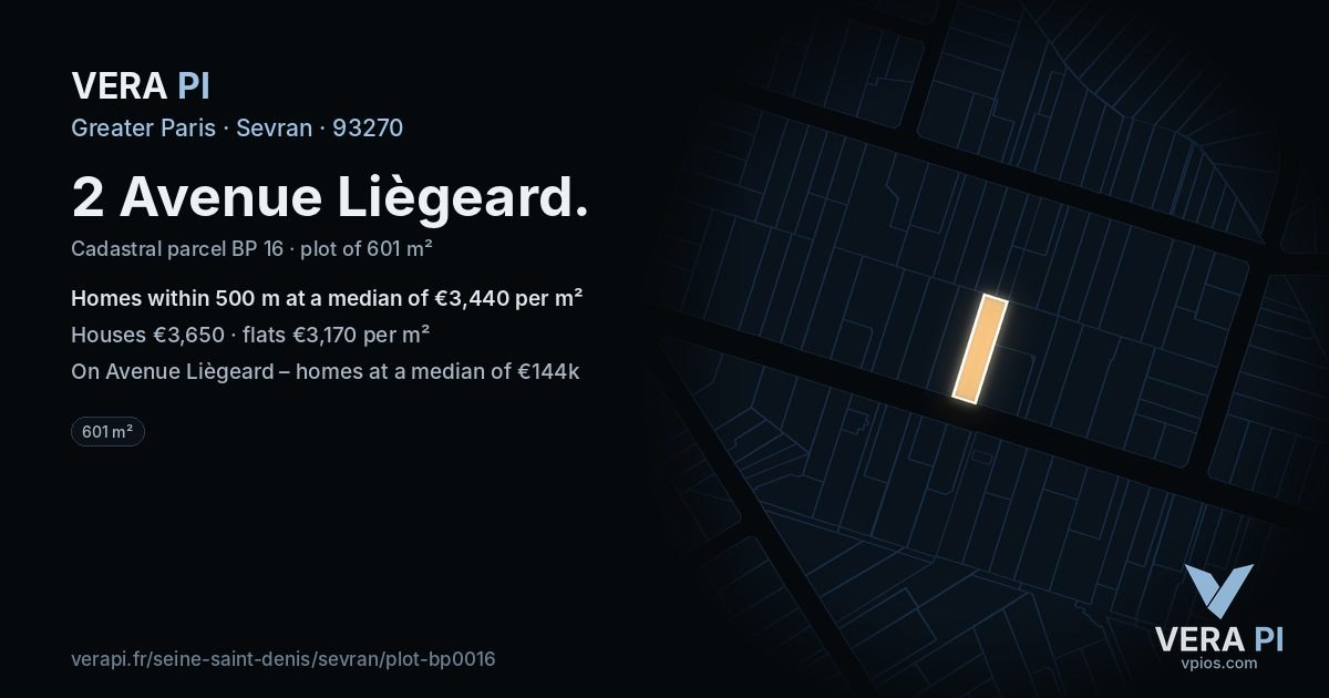 2 Avenue Liègeard, Sevran at night – the plot lit, the parcels around coloured by the prices near them