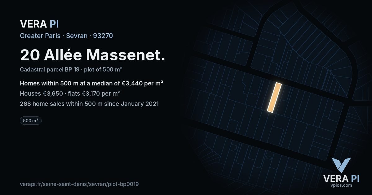 20 Allée Massenet, Sevran at night – the plot lit, the parcels around coloured by the prices near them