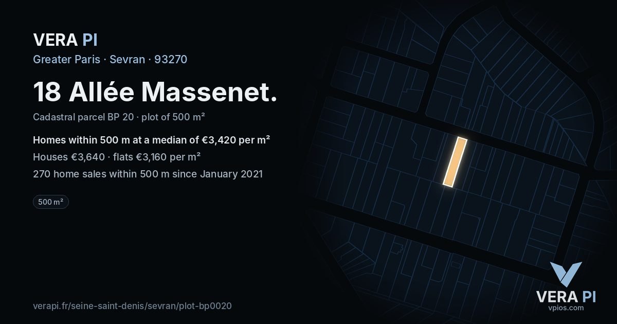 18 Allée Massenet, Sevran at night – the plot lit, the parcels around coloured by the prices near them