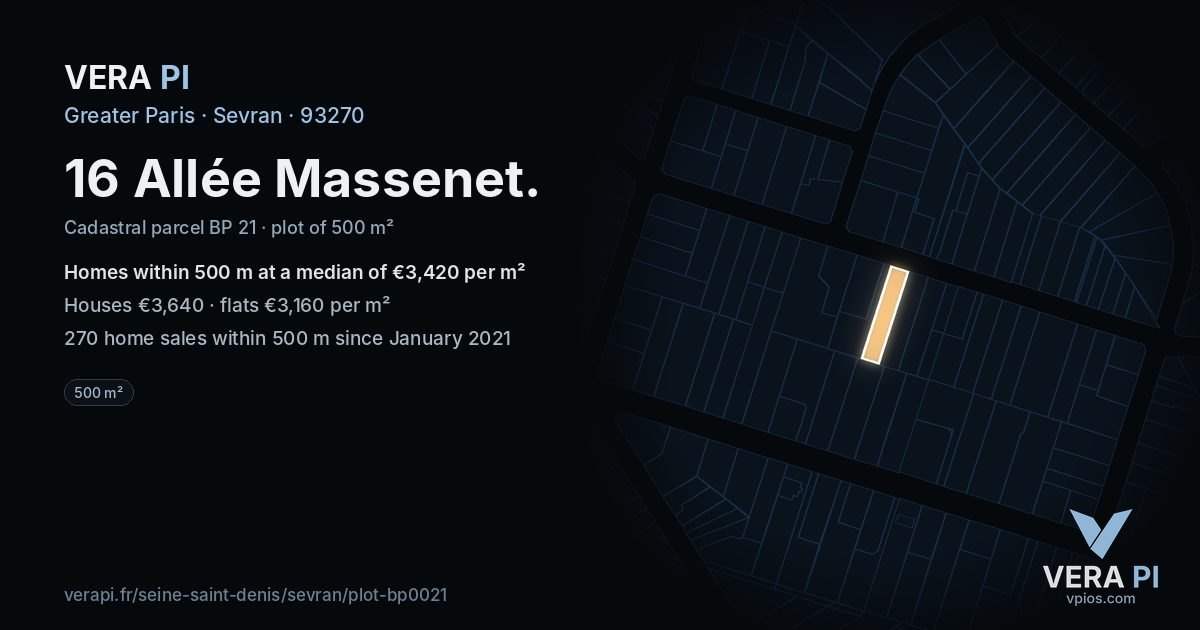 16 Allée Massenet, Sevran at night – the plot lit, the parcels around coloured by the prices near them