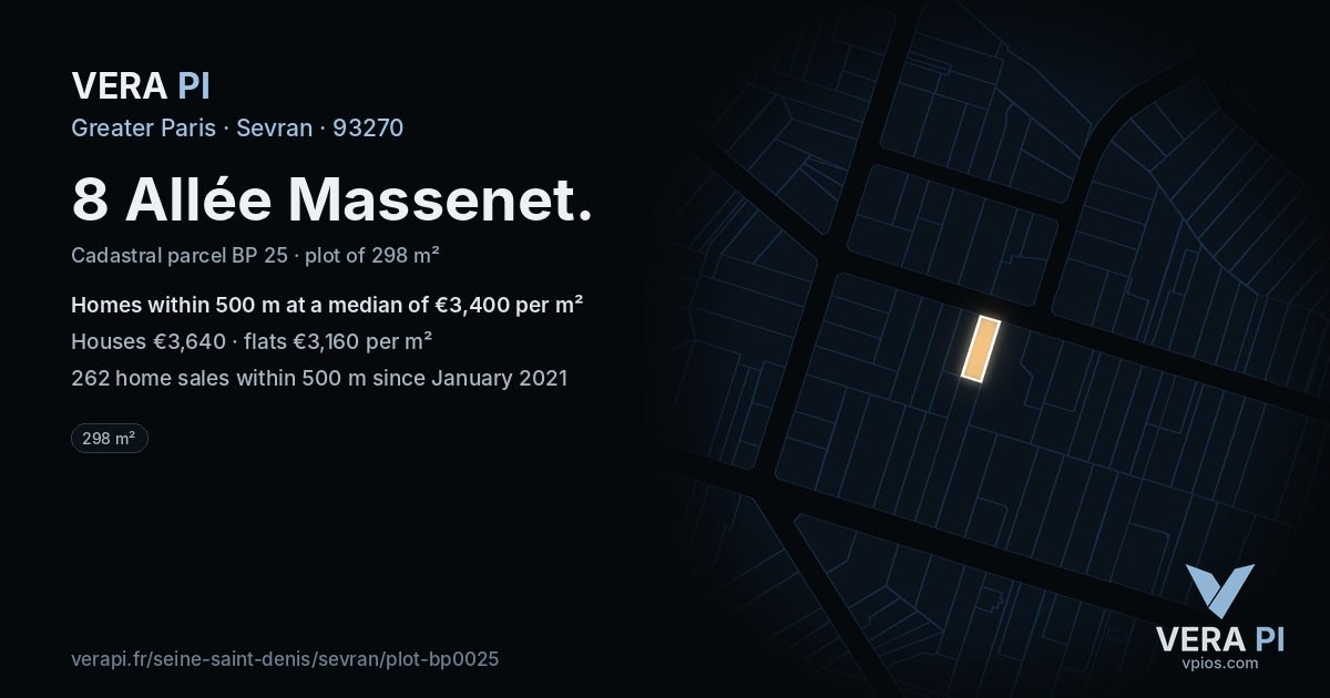8 Allée Massenet, Sevran at night – the plot lit, the parcels around coloured by the prices near them