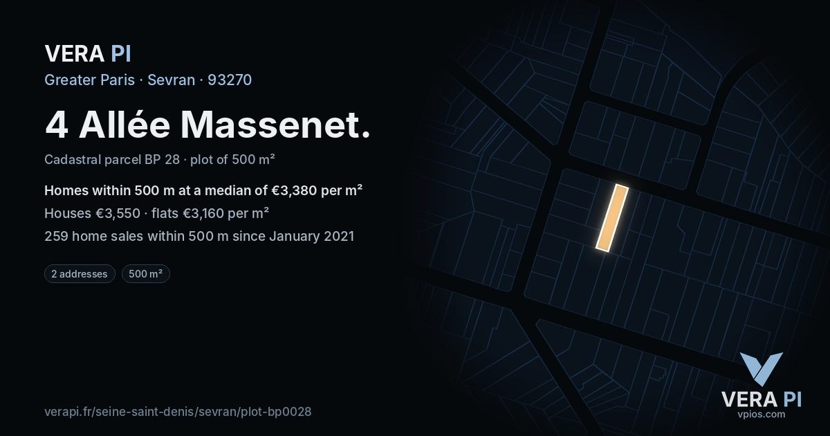 4 Allée Massenet, Sevran at night – the plot lit, the parcels around coloured by the prices near them