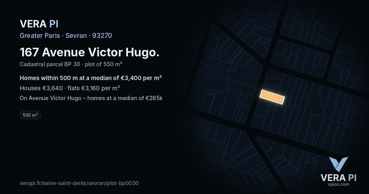 167 Avenue Victor Hugo, Sevran at night – the plot lit, the parcels around coloured by the prices near them