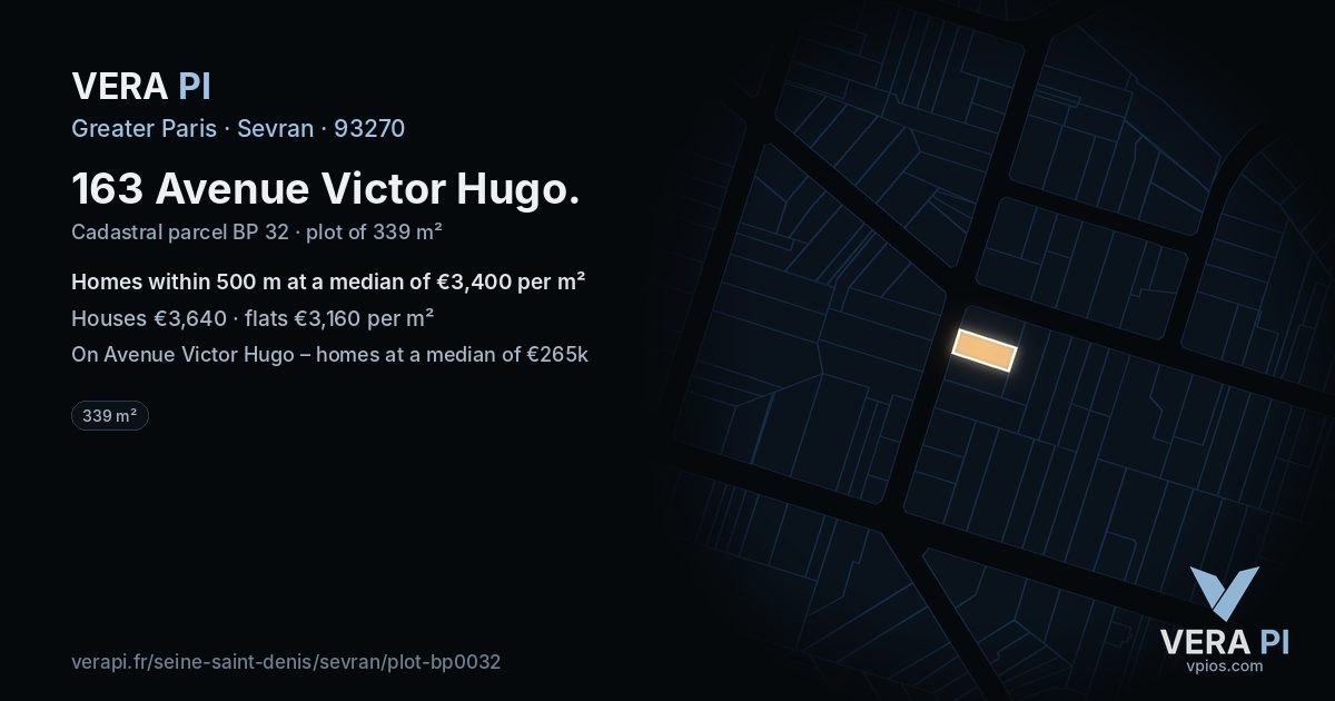 163 Avenue Victor Hugo, Sevran at night – the plot lit, the parcels around coloured by the prices near them