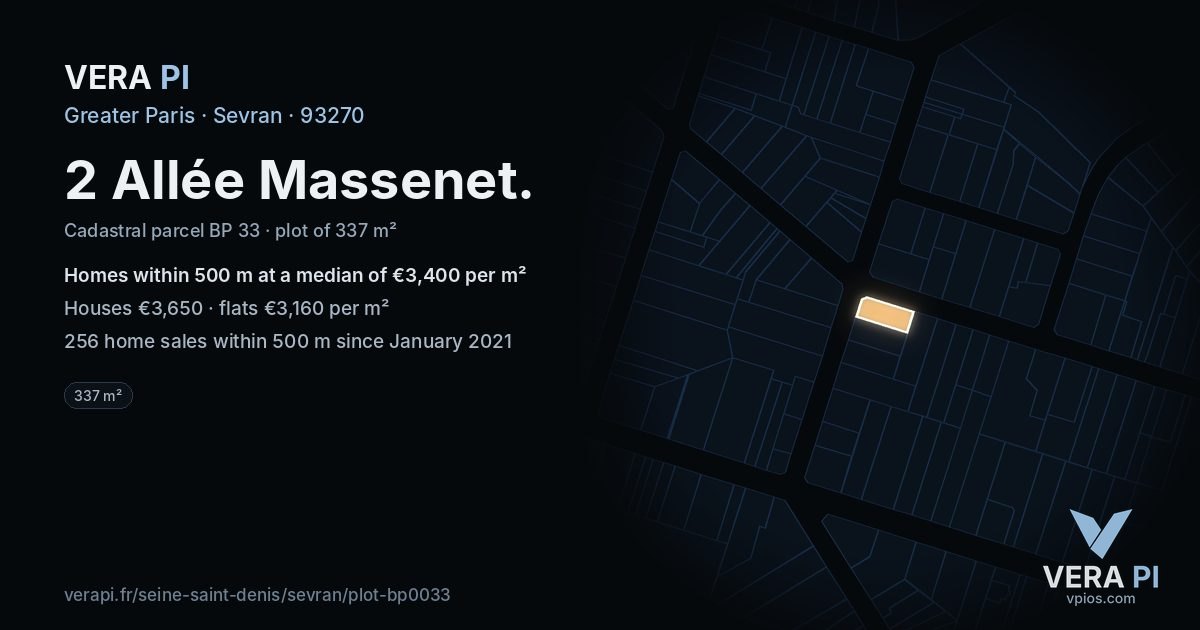 2 Allée Massenet, Sevran at night – the plot lit, the parcels around coloured by the prices near them