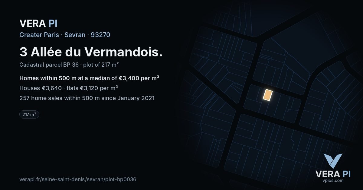 3 Allée du Vermandois, Sevran at night – the plot lit, the parcels around coloured by the prices near them