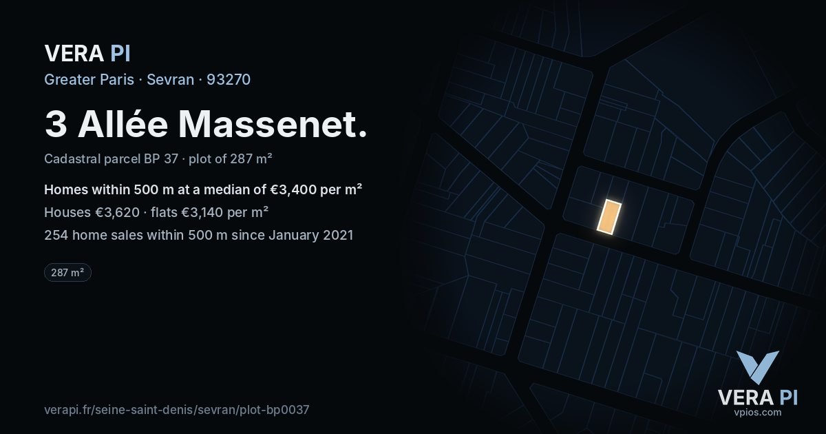 3 Allée Massenet, Sevran at night – the plot lit, the parcels around coloured by the prices near them
