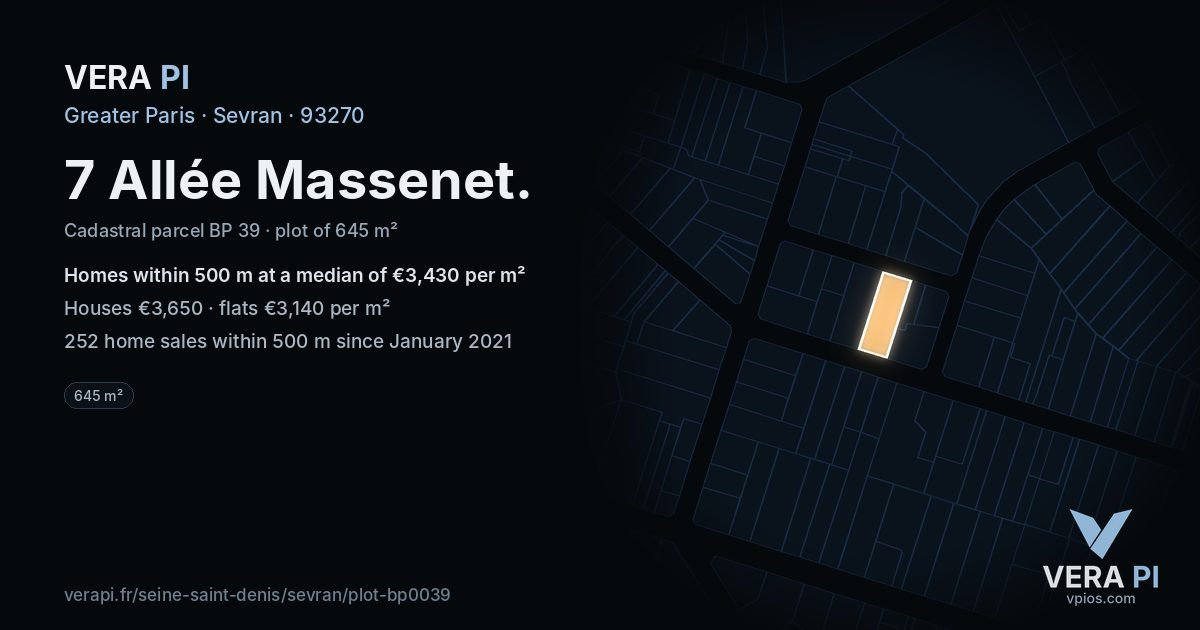 7 Allée Massenet, Sevran at night – the plot lit, the parcels around coloured by the prices near them