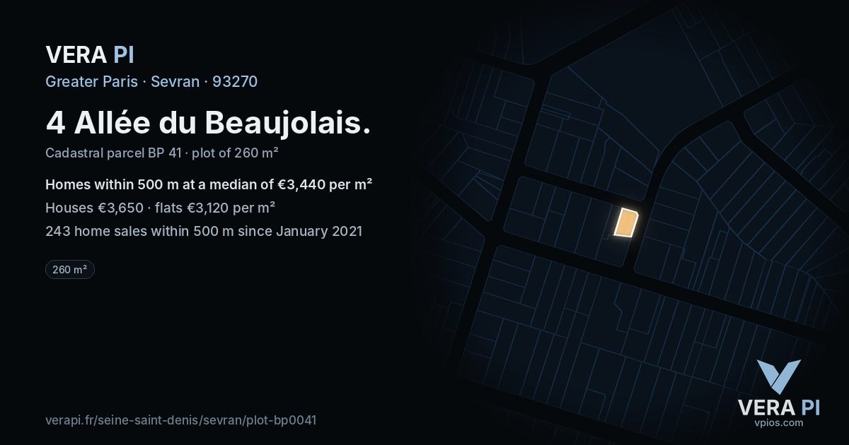 4 Allée du Beaujolais, Sevran at night – the plot lit, the parcels around coloured by the prices near them