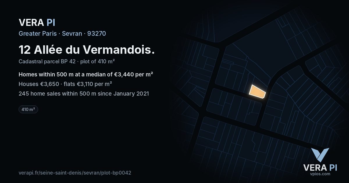 12 Allée du Vermandois, Sevran at night – the plot lit, the parcels around coloured by the prices near them