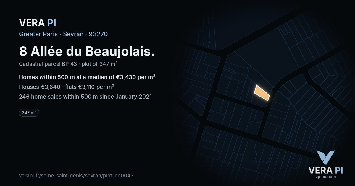 8 Allée du Beaujolais, Sevran at night – the plot lit, the parcels around coloured by the prices near them