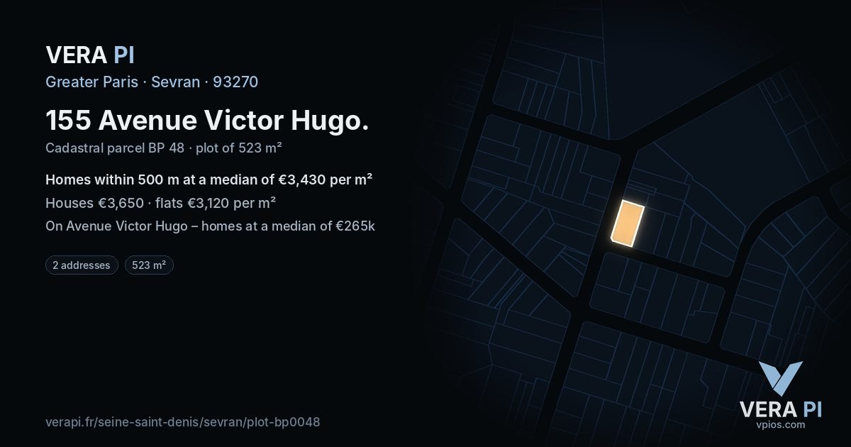 155 Avenue Victor Hugo, Sevran at night – the plot lit, the parcels around coloured by the prices near them