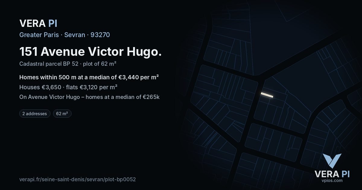 151 Avenue Victor Hugo, Sevran at night – the plot lit, the parcels around coloured by the prices near them