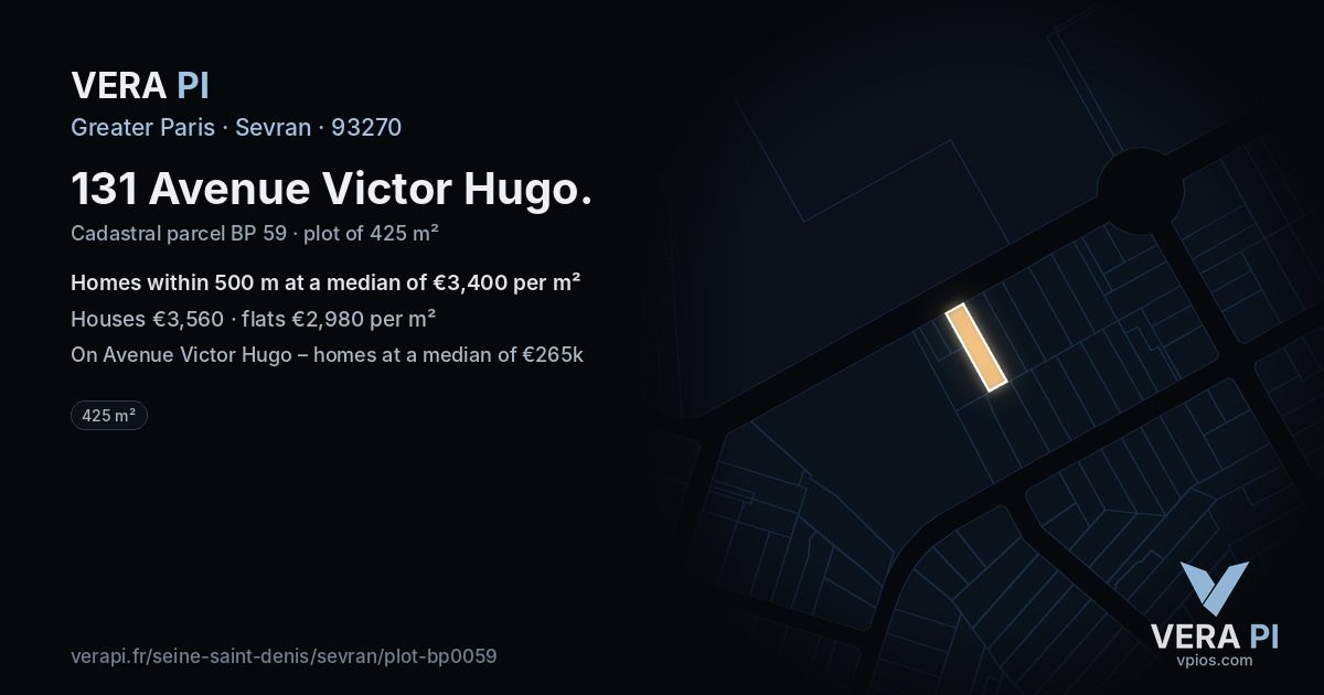 131 Avenue Victor Hugo, Sevran at night – the plot lit, the parcels around coloured by the prices near them