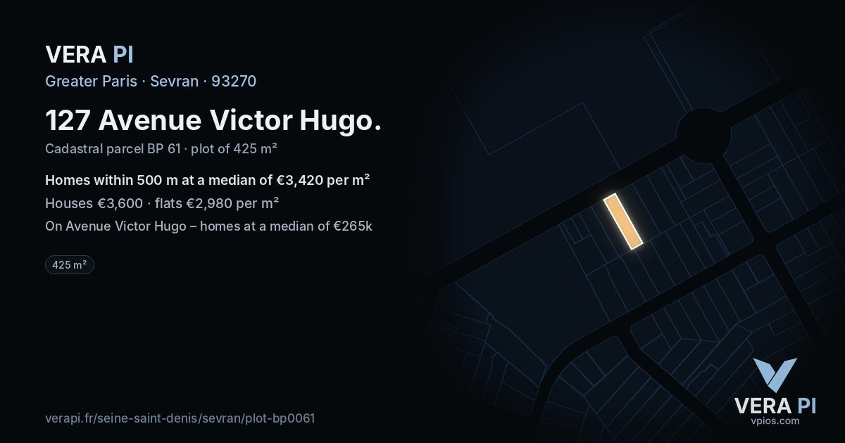 127 Avenue Victor Hugo, Sevran at night – the plot lit, the parcels around coloured by the prices near them